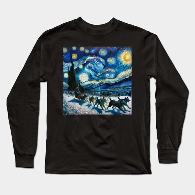 Dog Sled Starry Night - Winter Sports Long Sleeve T-Shirt by Edd Paint Something